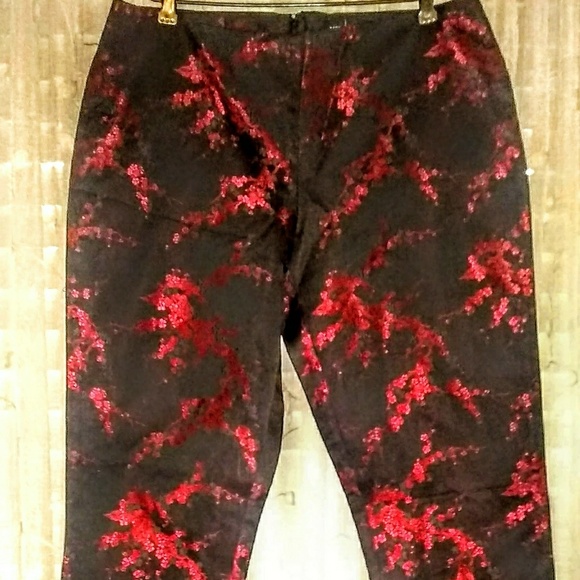 Black Taffeta Pants Red Floral - Picture 1 of 6
